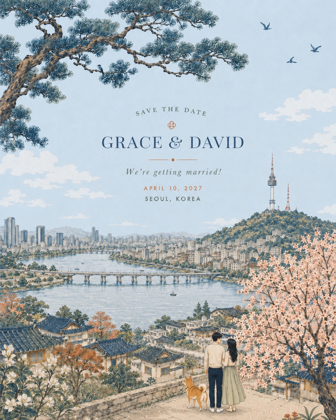 Illustrated save-the-date: Grace & David, April 10, 2027, Seoul, Korea. A cobalt-and-cream painting of Seoul in spring — the Han River, N Seoul Tower, hanok rooftops, a blossoming cherry tree, and the couple with their Shiba Inu overlooking the city.